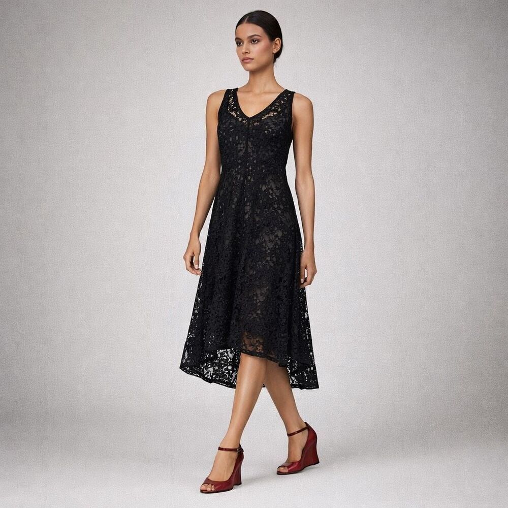 Eileen Fisher Black Crochet Lace Midi Dress Silk Lining Dark Feminine Small